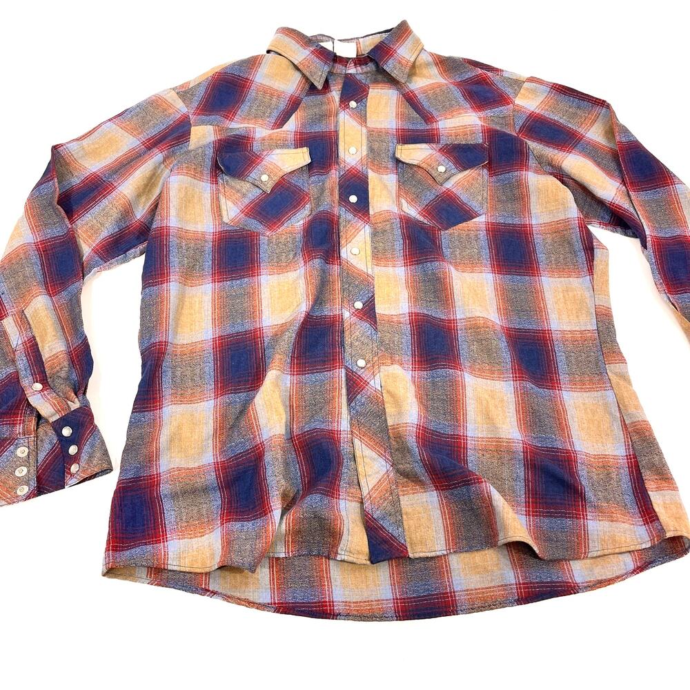 Vintage men's pearl snap Kensington button down long sleeve plaid red blue XL